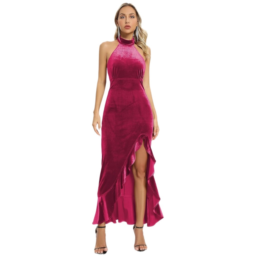 Rose‎ Red Velvet Halter Mermaid Dress - Small